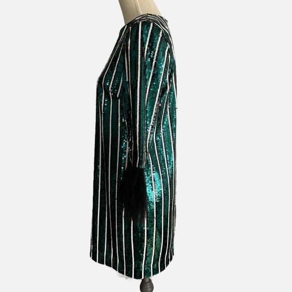 Badgley Mischka Mini Sheath Dress Sequins Feathers Size 4 Green Black White - Picture 4 of 11
